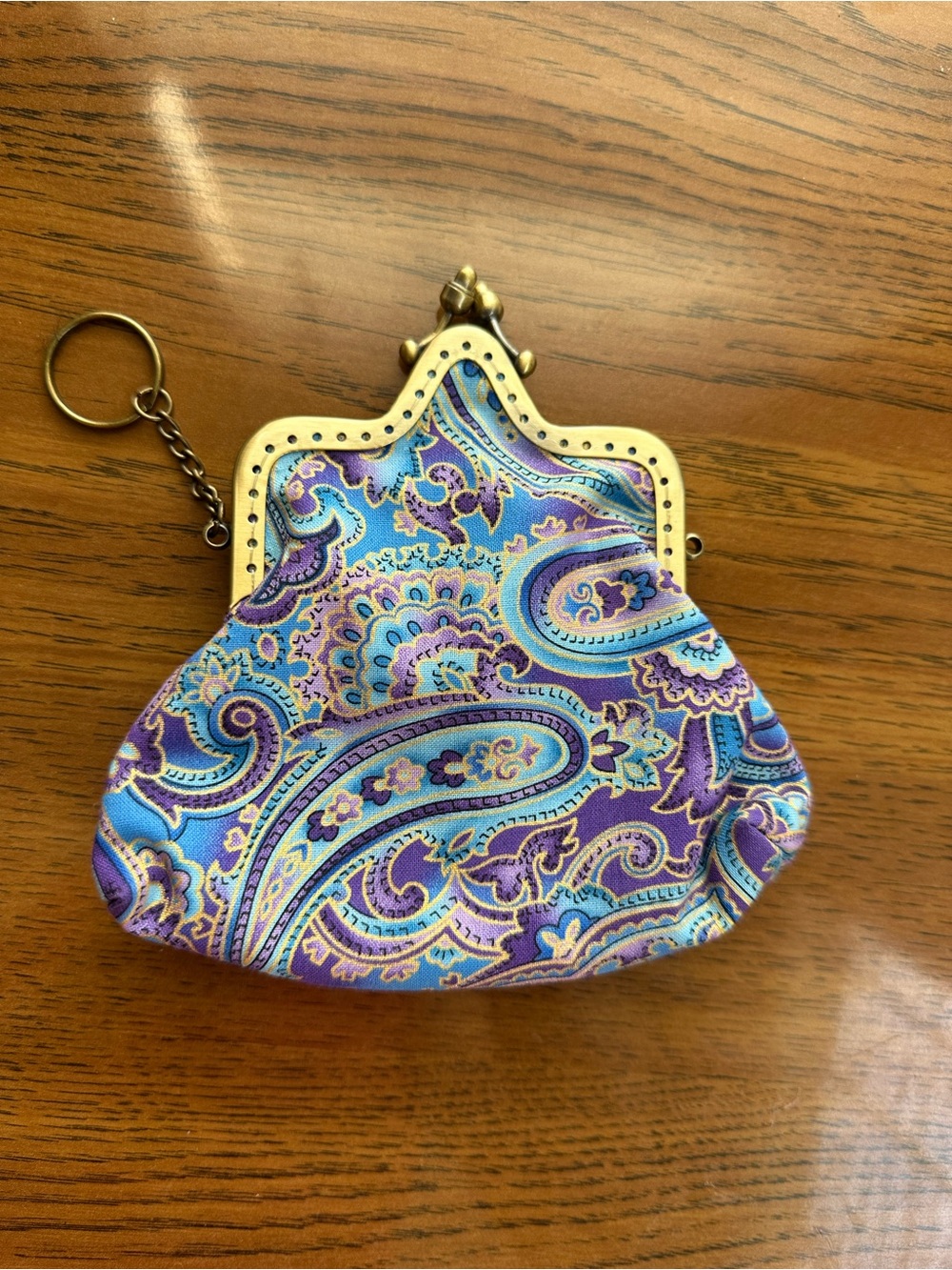 Paisley Coin Purse with Antique Gold Frame and Purple & Blue Fabric Pouch